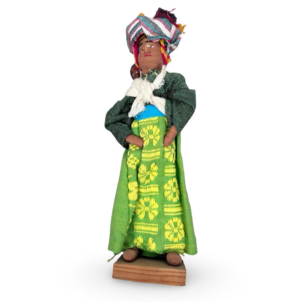 Vintage Sombol Guatemala Handmade Folk Art Doll Woman w/ Baby Green Textile 10"